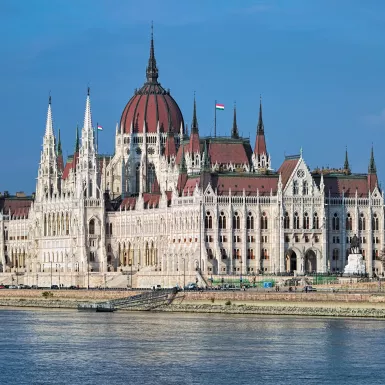 The Hungarian Parliament Building on the bank of the Danube in Budapest, Hungary.